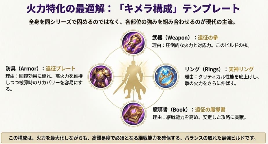 アーチャー伝説の火力特化ビルド。遠征の拳、遠征プレート、天神リング、遠征の魔導書を組み合わせたキメラ構成の解説。