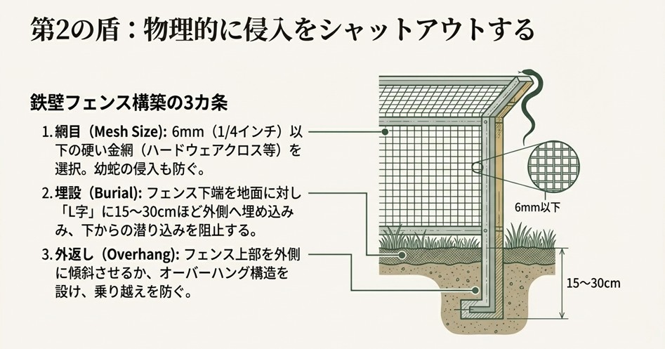 第2の盾「物理遮断」の図解。網目6mm以下の金網選び、L字型の地面埋設（15〜30cm）、上部の外返し構造という3つの設置ポイントを示したイラスト。