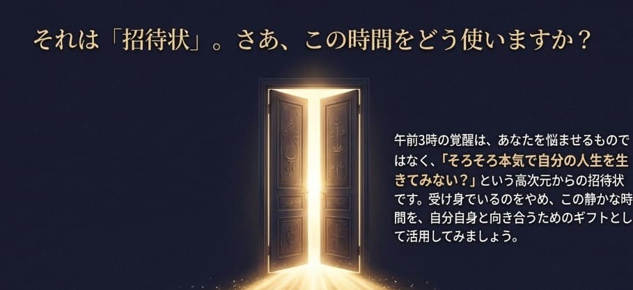 自分自身と向き合うためのギフトであることを示す、光り輝く招待状のイメージスライド