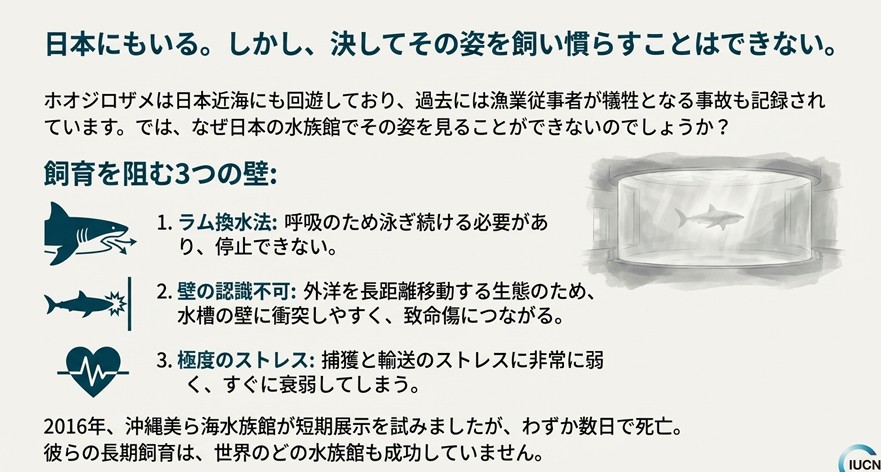 日本の水族館で見られない理由。呼吸法、壁への衝突、ストレス脆弱性の3点解説。