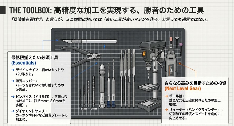 デザインナイフ、ニッパー、ピンバイスなどの基本工具と、リューターなどの電動工具をリストアップした画像。