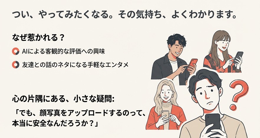 顔写真診断の裏に潜むリスクとして「1.個人情報・プライバシー侵害」「2.詐欺・金銭被害」「3.SNSアカウント乗っ取り」の3点をアイコンと共に説明するスライド 。