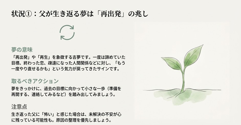 亡くなった父が生き返る夢は、諦めていた目標や人間関係に再挑戦する気力が戻ってきた「再出発」の吉夢であることを示すスライド。