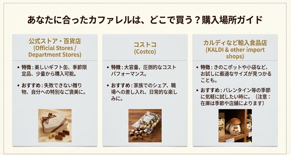 カファレルチョコを購入する際、公式ストア、コストコ、カルディ（輸入食品店）のそれぞれの特徴とおすすめな人を比較した一覧表