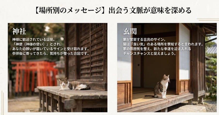 神社のアイコン。神社は「神様の歓迎」、玄関は「家が繁栄する吉兆」であること解説したスライド。