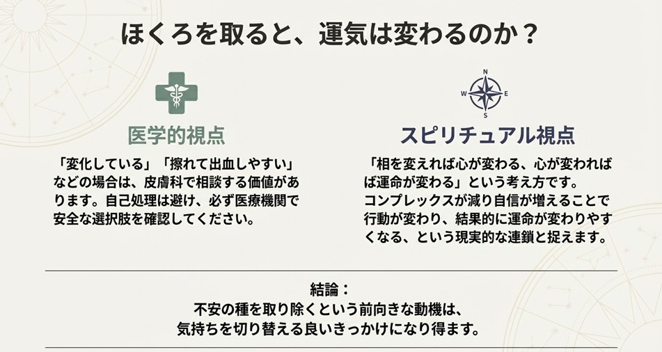ほくろを取ることでコンプレックスを解消し、行動を変えることで運命を変えていくという考え方の図解