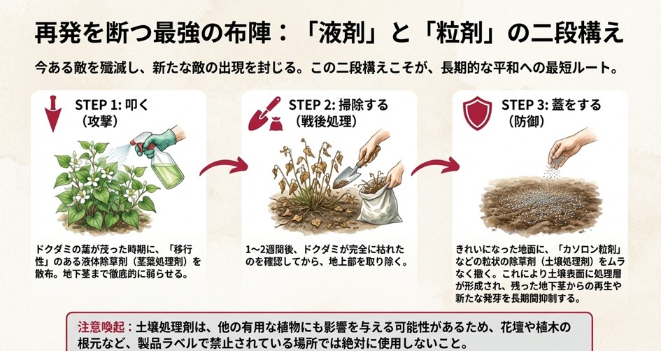 ドクダミ再発防止の3ステップ。1.液剤で地下茎を叩く、2.枯れた草を掃除する、3.粒剤で地面に蓋をして発芽を抑える手順のイラスト。