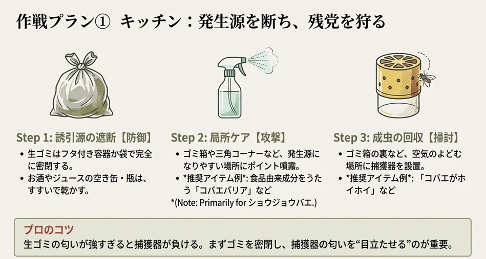 生ゴミの密閉、局所スプレー、捕獲器設置を組み合わせたキッチンでのコバエ駆除3ステップ