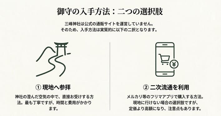 三峰神社の御守を入手するための現地参拝とフリマアプリ利用の比較イラスト