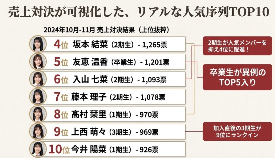 坂本結菜4位、友恵温香5位など、売上対決の上位ランキング結果と各期の勢力図を示したデータ画像
