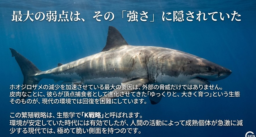 進化の代償としてのK戦略。成熟個体の減少が個体群回復を困難にする理由を解説したスライド。