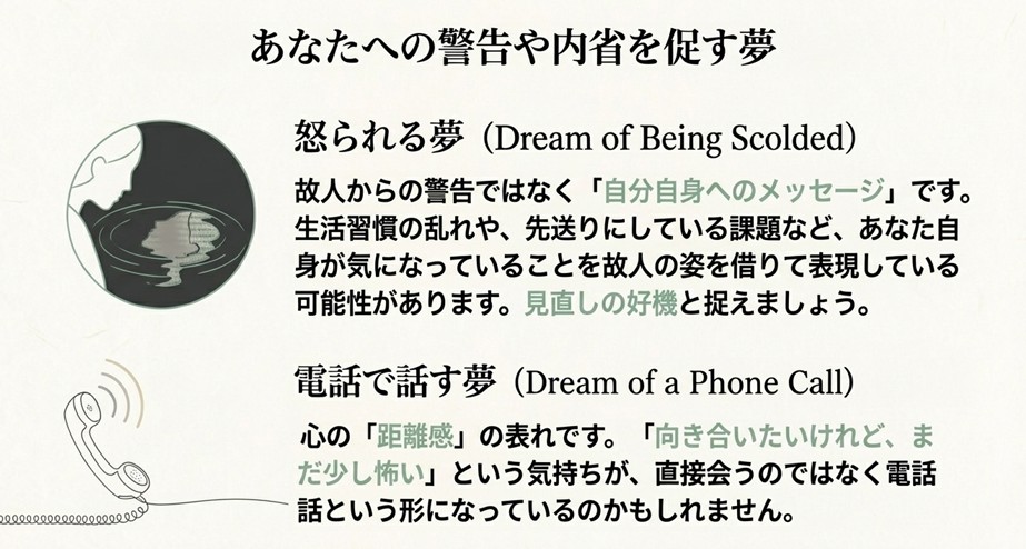 故人に怒られる夢が示す自分へのメッセージや、電話で話す夢が表す心の距離感についての解説