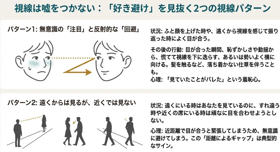遠くからは見るが近くでは見ない、目が合うと反らすなど、好き避け特有の視線の動き