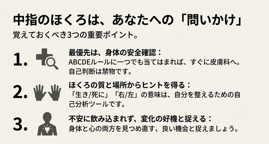 医学的な安全確認を最優先し、ほくろの質や場所から自分を整えるヒントを得るための3つの重要ポイント
