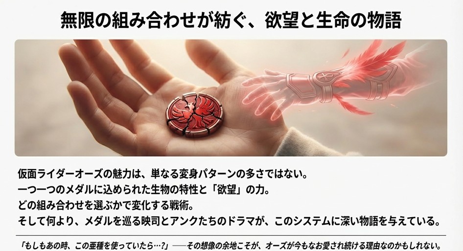 ひび割れたタカメダルを持つ手のひらと、アンクの腕のイメージ画像。「無限の組み合わせが紡ぐ、欲望と生命の物語」というメッセージテキストが添えられている。