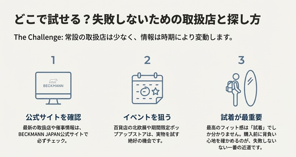 実店舗やポップアップストアの探し方チャート。公式サイトでの確認や百貨店イベントの活用、試着の重要性を説くフロー図。