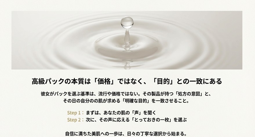 記事のまとめスライド。「高級パックの本質は価格ではなく目的との一致にある」という結論メッセージ