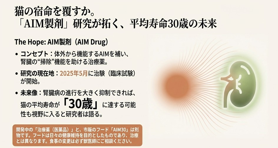 腎臓病治療薬「AIM製剤」の研究概要と、治験開始から猫の平均寿命30歳を目指す未来へのロードマップ。