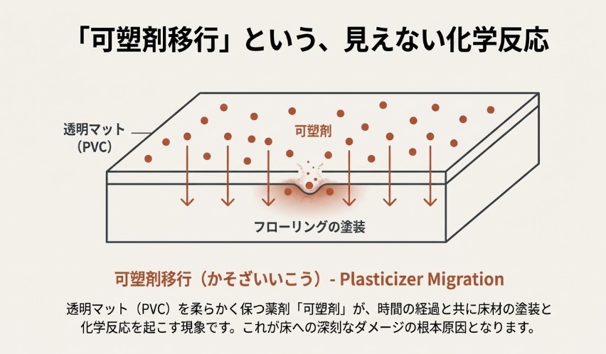 透明マットの成分が熱で溶け出し、床の塗装と癒着して変色や剥がれを引き起こす可塑剤移行の図解