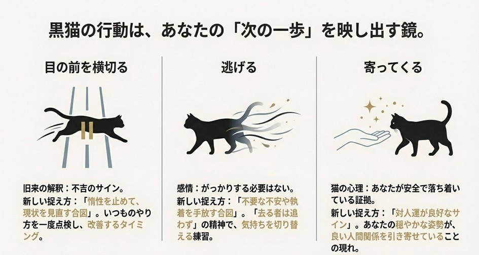 道を横切る黒猫、逃げる黒猫、寄ってくる黒猫のイラスト。「黒猫の行動は、あなたの次の一歩を映し出す鏡」というテキストと、それぞれの行動に対する新しい捉え方。