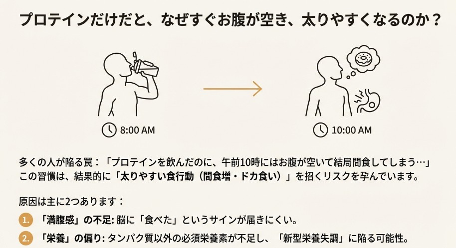 午前10時に空腹になりドーナツを想像してしまうイラスト。プロテイン単体摂取による腹持ちの悪さと太るメカニズムの図解 。