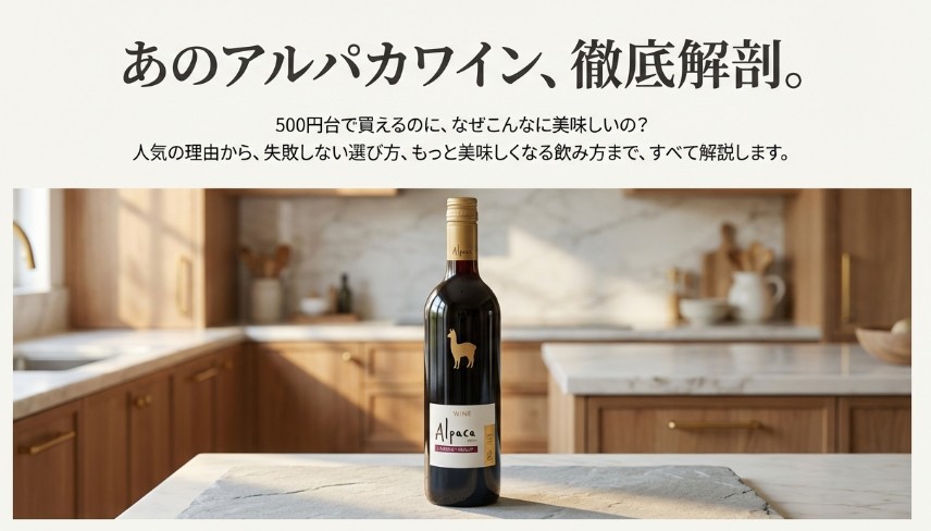 キッチンに置かれたアルパカワインのボトルと「徹底解剖」のタイトル