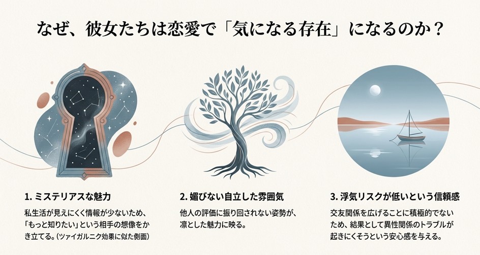ミステリアスな魅力、媚びない自立した雰囲気、浮気リスクが低いという信頼感など、恋愛市場におけるポジティブな特徴3選。