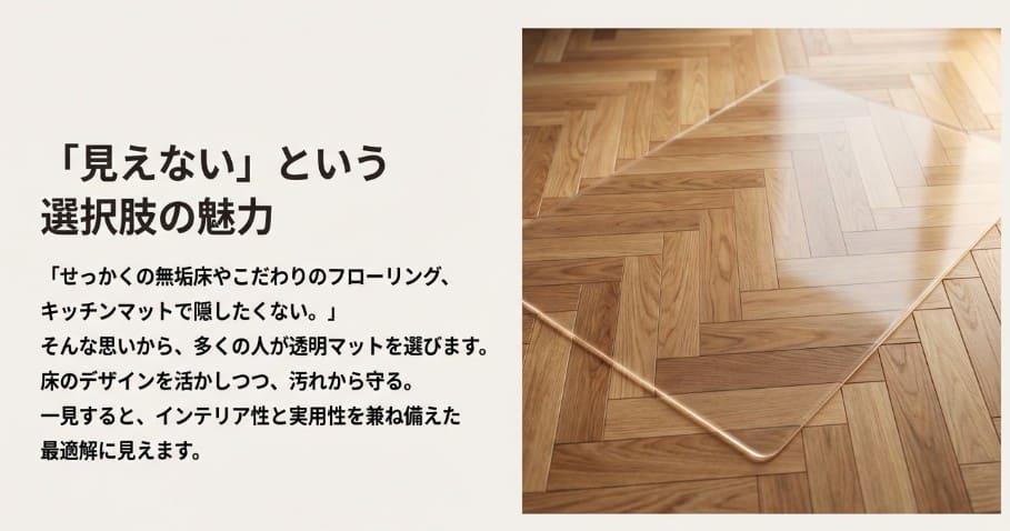 フローリングの木目を活かして部屋を広く見せる透明キッチンマットの設置例