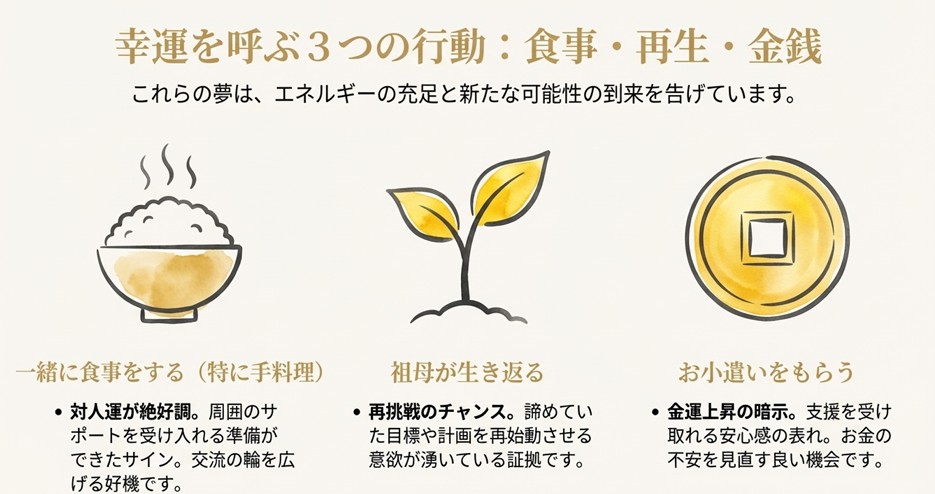 一緒に食事をする、生き返る、お小遣いをもらうといった夢が、エネルギーの充足や新たな可能性を示していることを解説するスライド。