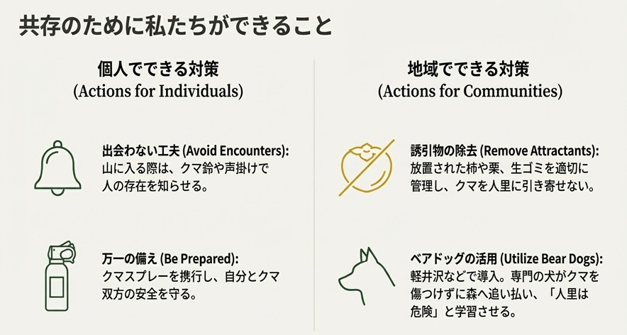 個人ができるクマ鈴などの遭遇回避策と、地域ができる誘引物除去やベアドッグ活用などの対策をまとめたイラスト解説 。