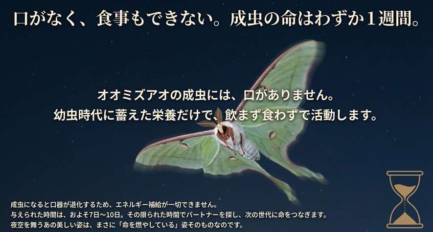 口が退化して食事ができないオオミズアオの成虫が、わずか1週間という寿命で命をつなぐ様子を解説した図