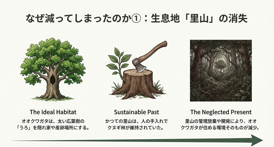 オオクワガタが好む太い広葉樹のイラストと、伐採された切り株のイラスト。かつての里山環境が管理放棄や開発によって失われ、生息地が減少していることを解説する図。