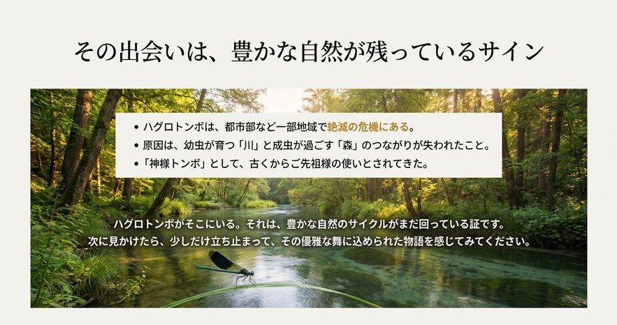 自然の中のハグロトンボの写真と共に、川と森のつながりの重要性と出会いの意味をまとめたスライド