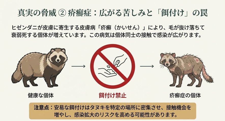 健康なタヌキと疥癬症で毛が抜けたタヌキの比較イラスト。安易な餌付けが接触機会を増やし、皮膚病「疥癬」の感染拡大につながることを警告する図。