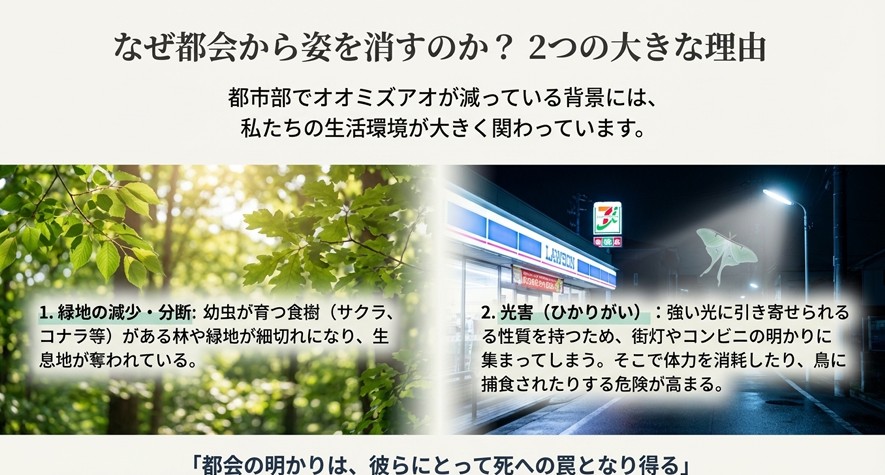 都市部でオオミズアオが減少している2つの理由、緑地の減少と街灯などの光害（ひかりがい）についての解説図