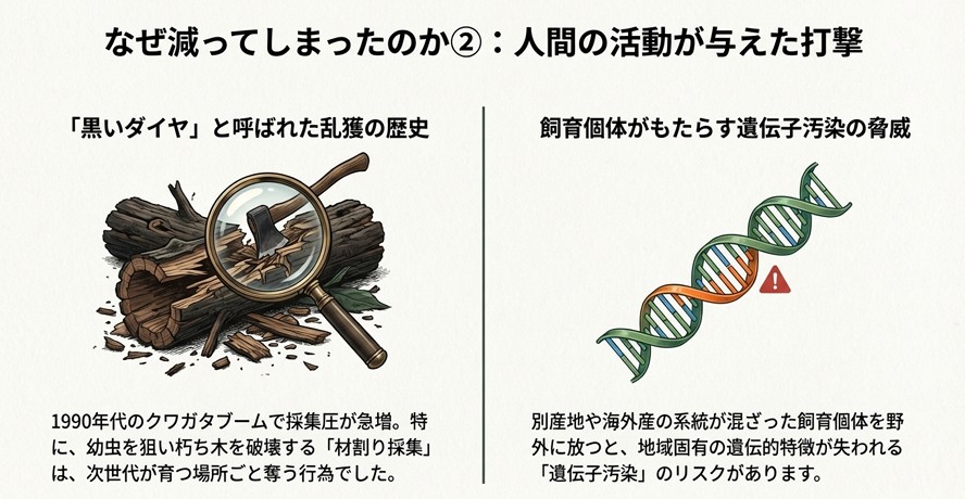 斧で破壊された朽ち木のイラスト(材割り採集)と、警告マークがついたDNA二重らせんのイラスト。乱獲による生息地の破壊と、交雑による遺伝子汚染のリスクを警告するスライド。