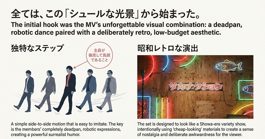 メンバー5人が横一列でステップを踏むイラスト。「独特なステップ」と「全員が徹底して真顔であること」がシュールなユーモアを生むと解説されている。