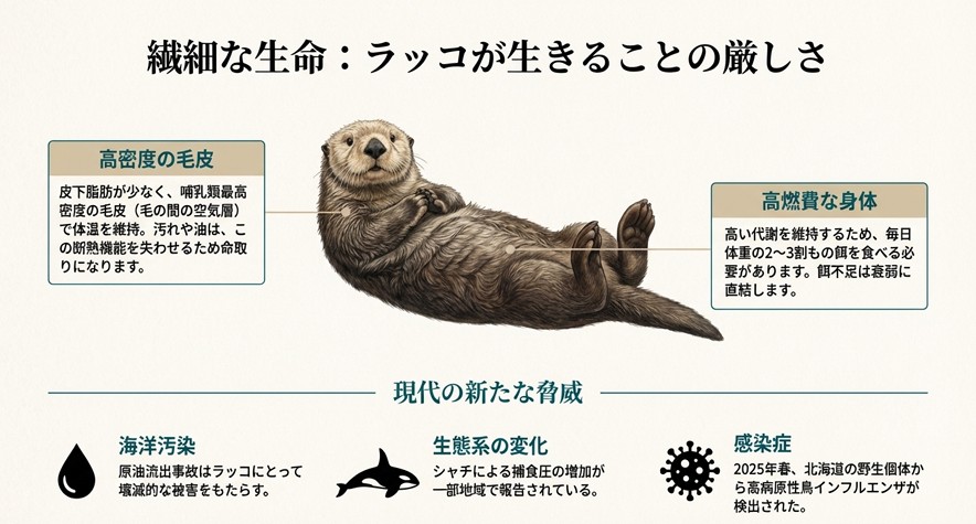 ラッコの密度の高い毛皮や代謝の仕組みを示す解剖図と、原油流出や鳥インフルエンザなどの現代の脅威