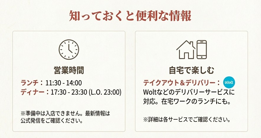 ランチ・ディナーの営業時間詳細とWoltなどのデリバリーサービス対応に関する案内