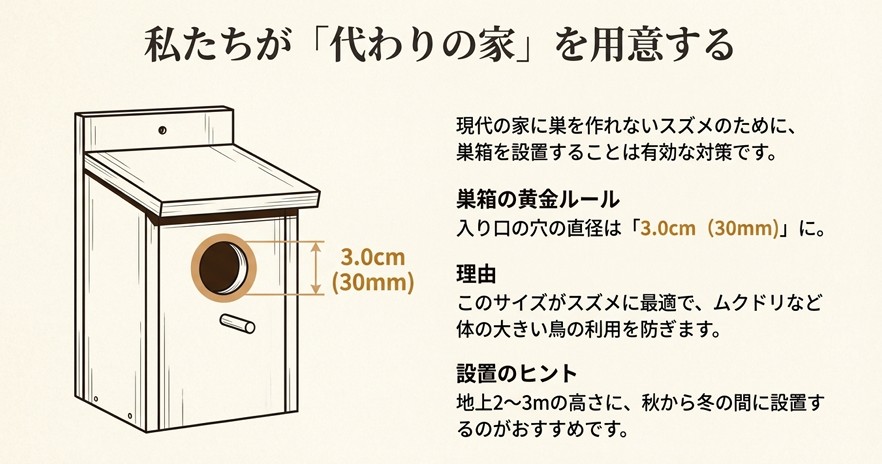 スズメに適した巣箱の入り口の直径は3.0cm(30mm)であることを解説した設計図イラスト。