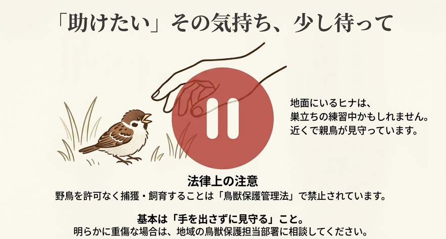 地面にいるヒナに手を伸ばすのを止めるイラスト。鳥獣保護管理法により無許可の捕獲は禁止されていることの注意喚起。