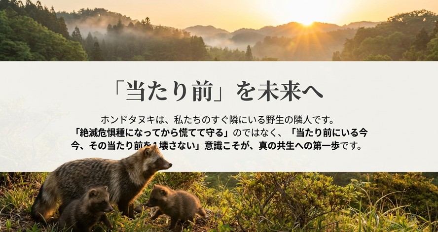 「当たり前を未来へ」というメッセージ。絶滅危惧種になってから守るのではなく、当たり前にいる今の環境を守ることの重要性を伝えるスライド。