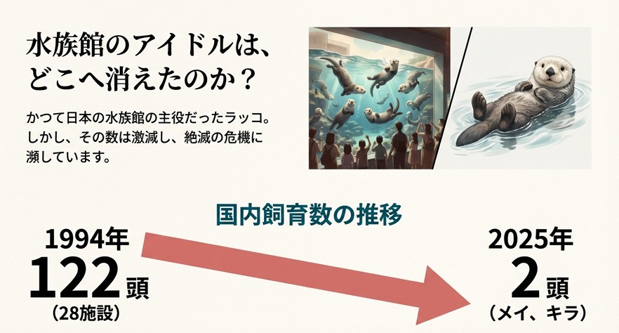 水族館の水槽を泳ぐラッコのイラストと、1994年の122頭から2025年の2頭へ激減した飼育数の推移データ
