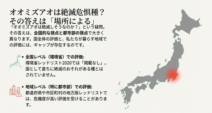 オオミズアオは絶滅危惧種かという疑問に対し、環境省の全国評価と地方自治体の評価にはギャップがあることを解説した図解