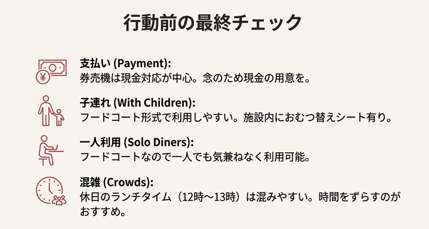 現金払いの推奨、子連れ利用のしやすさ、一人利用や混雑する時間帯についてのまとめ情報
