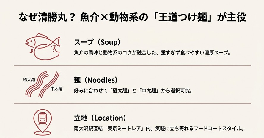 魚介と動物系を合わせた王道スープと、極太麺・中太麺の選び方、ミートレア内という立地についての解説スライド