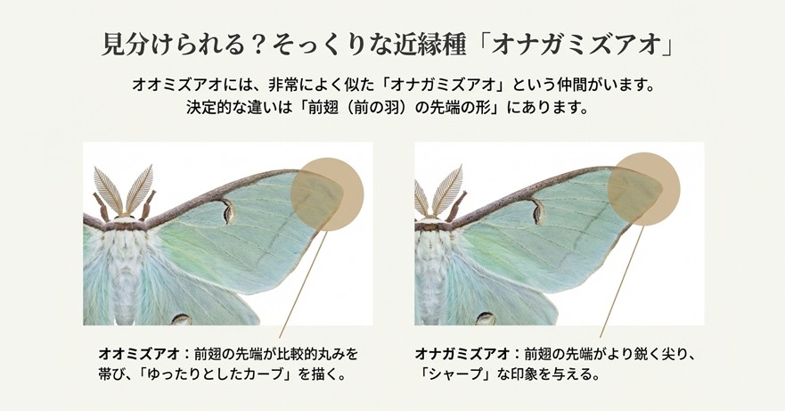 オオミズアオとよく似たオナガミズアオの違いは前翅の先端の形にあることを比較解説した画像