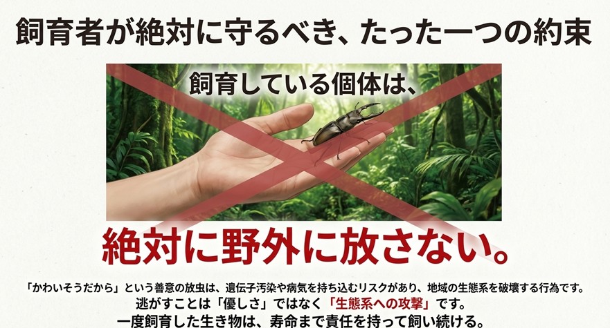 森へオオクワガタを放そうとする手に大きなバツ印が描かれたイラスト。飼育個体を野外に放すことは「優しさ」ではなく生態系への攻撃であり、遺伝子汚染を招くため絶対に行ってはいけないという警告。