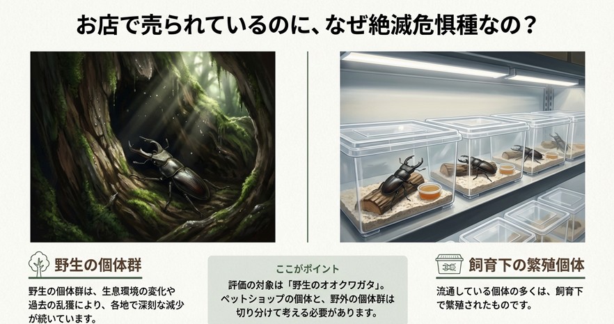 暗い森の中の樹洞に潜む野生のオオクワガタと、明るい店舗の棚に並んだ飼育ケース内のオオクワガタを対比させたイラスト。野生個体の減少と流通個体の多くが繁殖個体であることを解説。