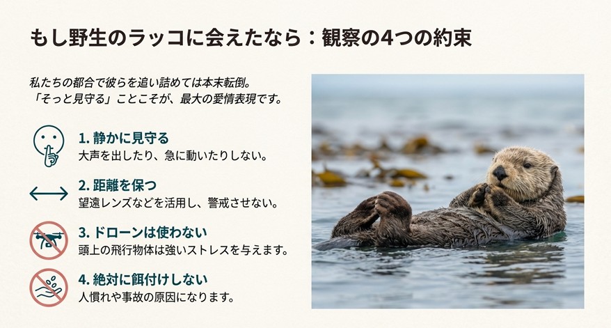 静かに見守る、距離を保つ、ドローン禁止、餌付け禁止を示すアイコンと注意書き